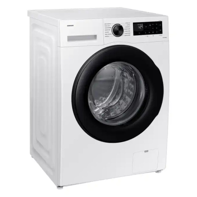 Samsung Series 5 white front-load washing machine with black drum door and digital display, 9kg capacity, 1400 spin speed model WW90CGC04DAEEU