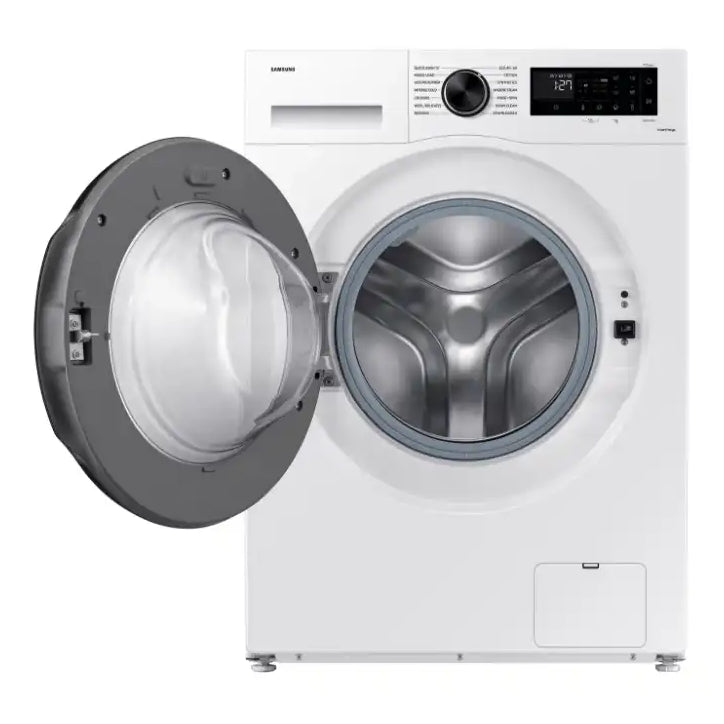 Samsung Series 5 white front-load washing machine with 9kg capacity and 1400 spin speed, door open showing stainless steel drum, digital display and control panel visible on top