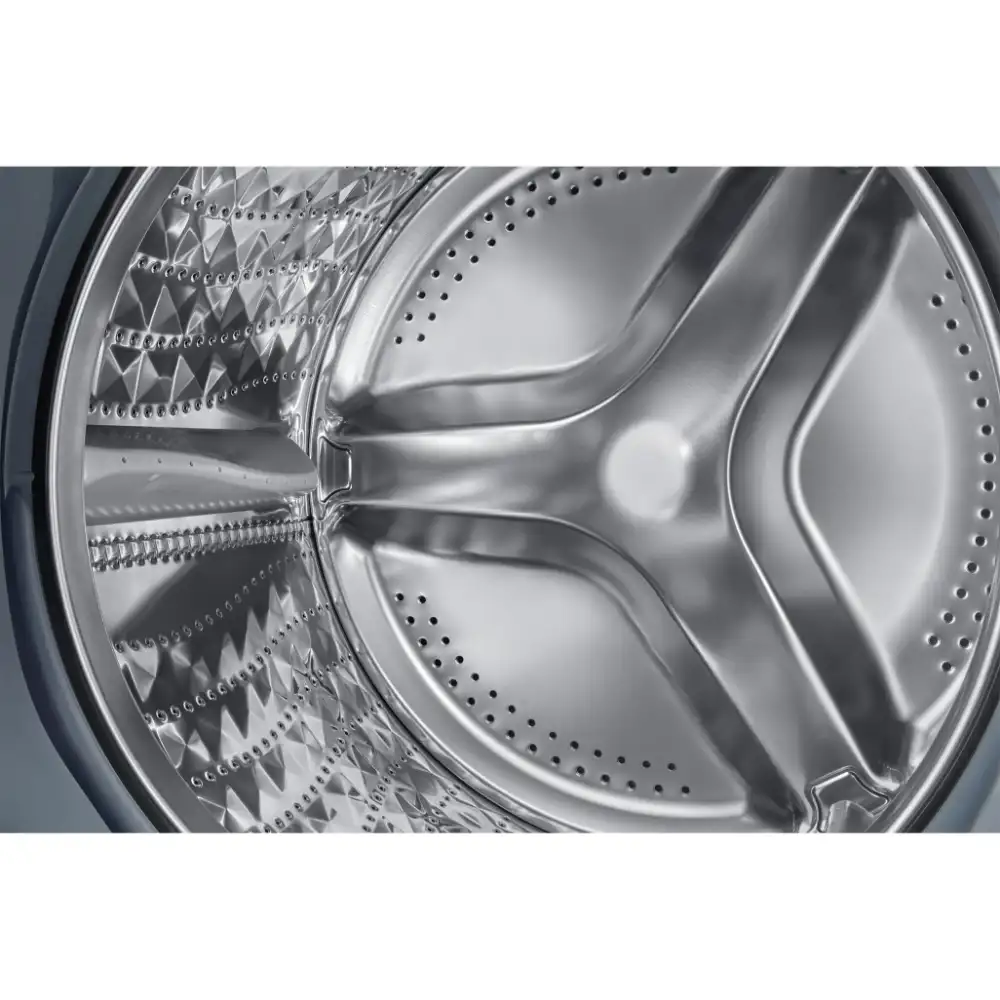 Close-up interior view of Samsung Series 5 washing machine drum showing stainless steel construction with perforated holes and curved blade design in white finish