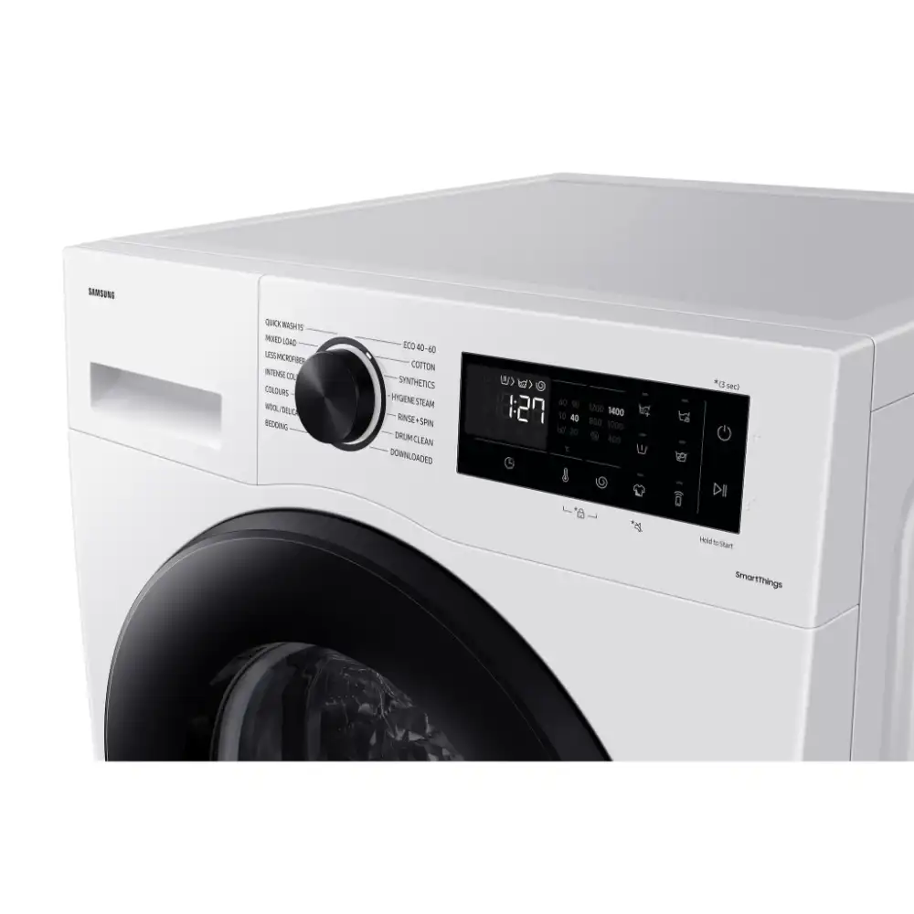 Samsung Series 5 white front-load washing machine with 9kg capacity, 1400 spin speed, digital display showing 12:27, black dial and control buttons, SmartThings compatible, viewed from front angle against white background