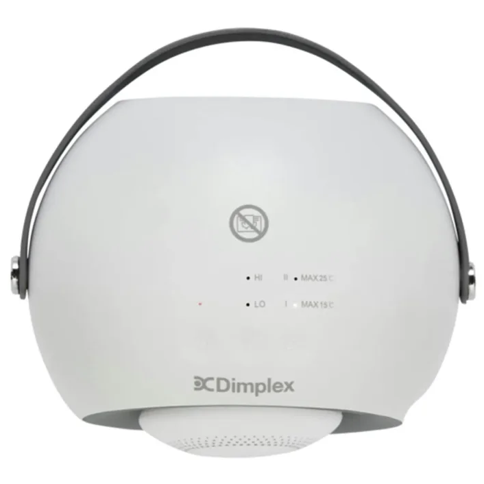 Dimplex DDF390G white ceramic desktop fan heater with black carrying handle and control indicators showing temperature settings