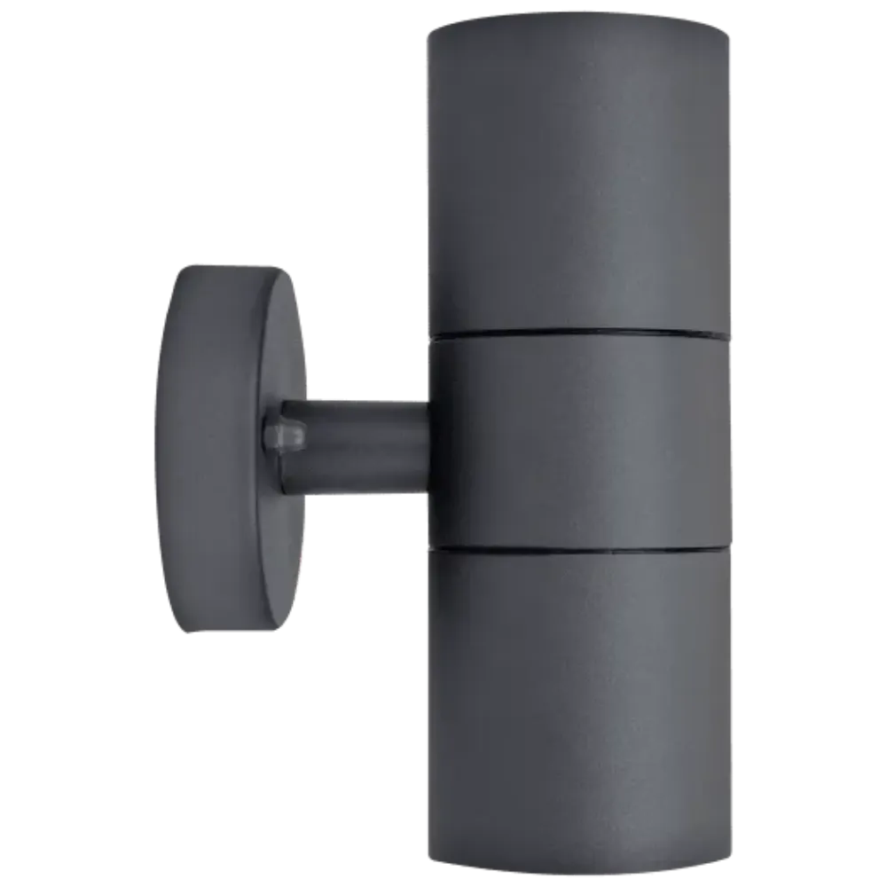 Luceco Azurar slate grey stainless steel outdoor wall light with cylindrical design and circular mounting bracket shown against white background