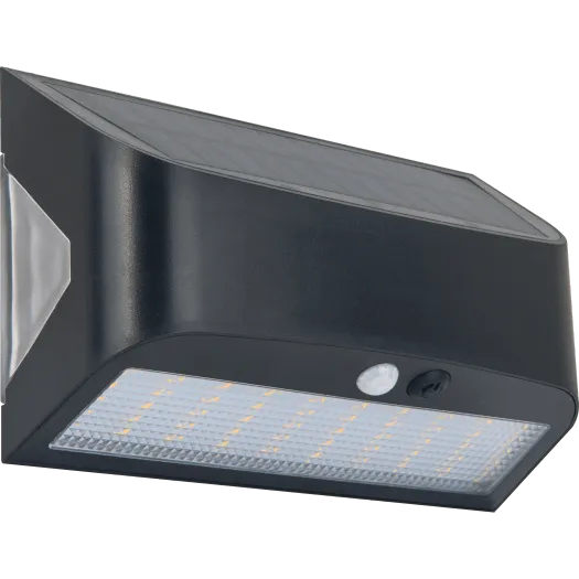 Black solar-powered LED wall light with PIR motion sensor, featuring rectangular design with integrated LED panel and mounting bracket