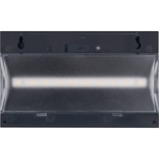 Luceco Prysm black outdoor LED solar wall light with PIR motion sensor, showing front view with transparent diffuser panel and mounting hardware visible