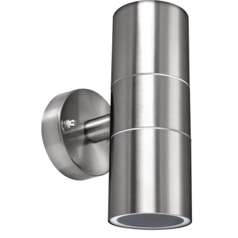 Luceco Azurar stainless steel outdoor wall light with cylindrical up and down lighting design mounted on exterior wall
