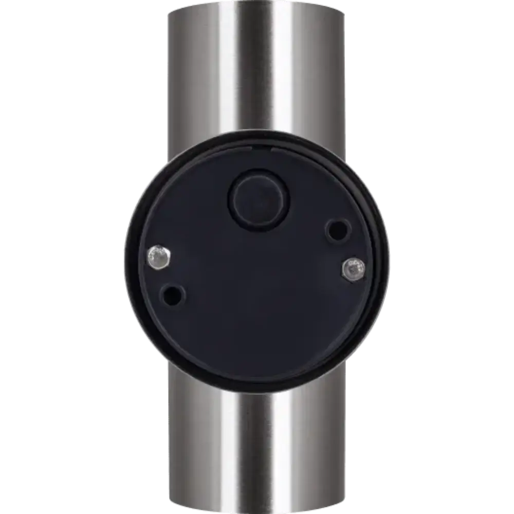 Luceco Azurar stainless steel outdoor wall light with cylindrical brushed metal body and black circular face featuring integrated LED lights