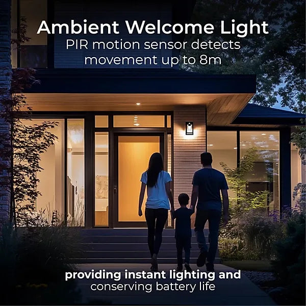 Modern home entrance at dusk featuring a family approaching illuminated glass doors and windows, with text describing Luceco ambient welcome light with PIR motion sensor detection up to 8m, providing instant lighting and conserving battery life
