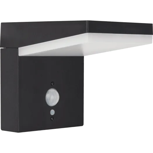 Luceco Aries slate grey outdoor LED solar wall light with integrated PIR motion sensor and white light panel, modern angular design