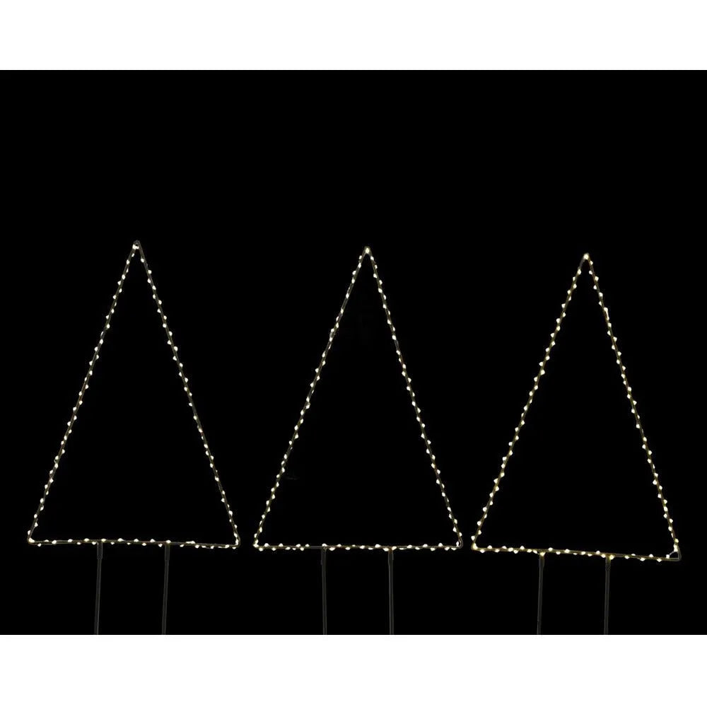 Three warm white micro LED light tree stakes with dotted outline design against black background, 47cm tall outdoor Christmas decoration