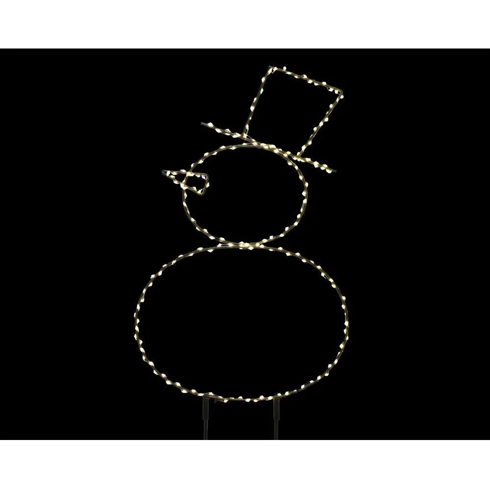 Lumineo Micro LED Snowman Stake outdoor decoration with warm white lights forming three stacked circles for body and head with top hat, 47cm tall garden stake display against black background