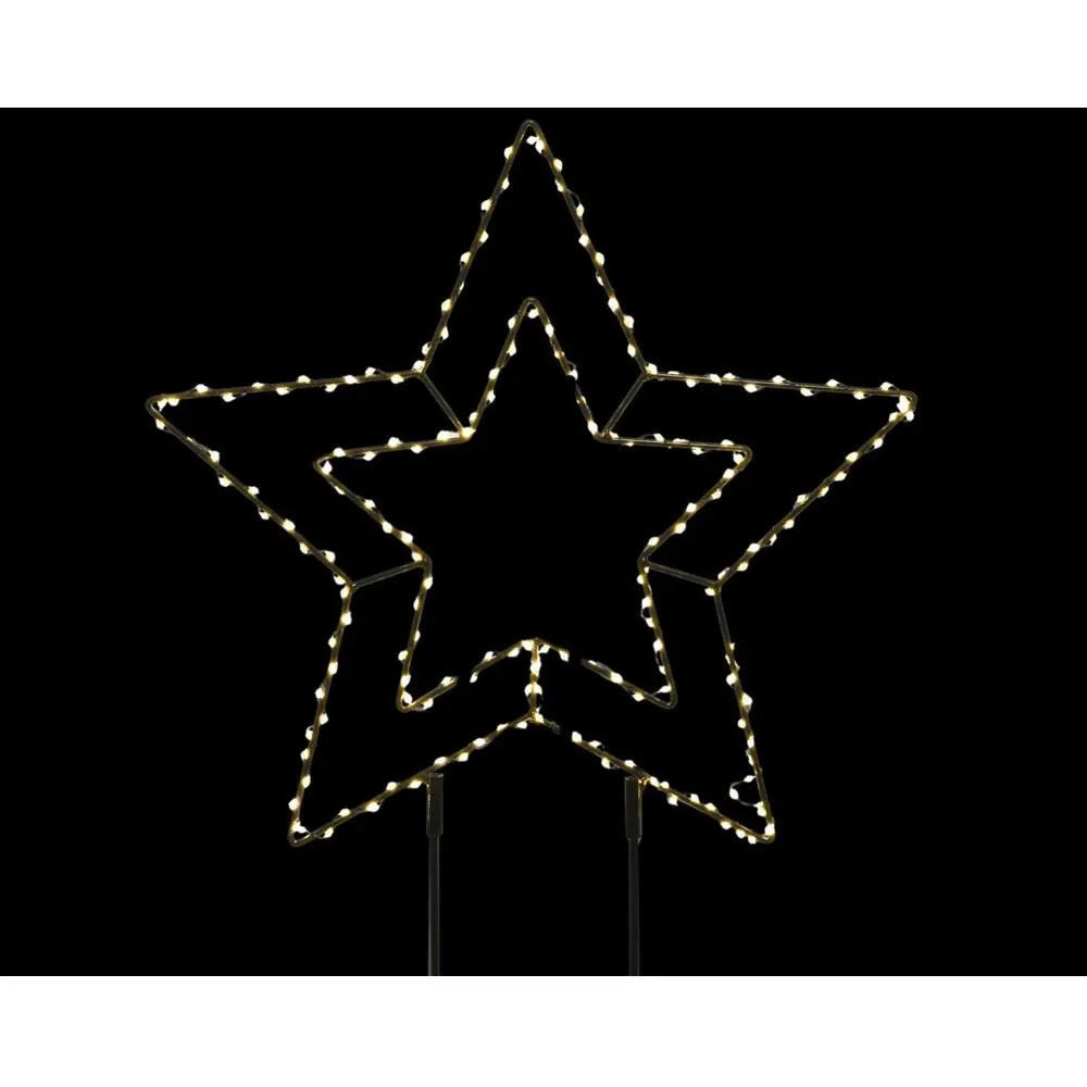 Lumineo Micro LED Star Stake outdoor decoration featuring warm white LED lights arranged in nested star pattern, 77cm tall with ground stakes on black background