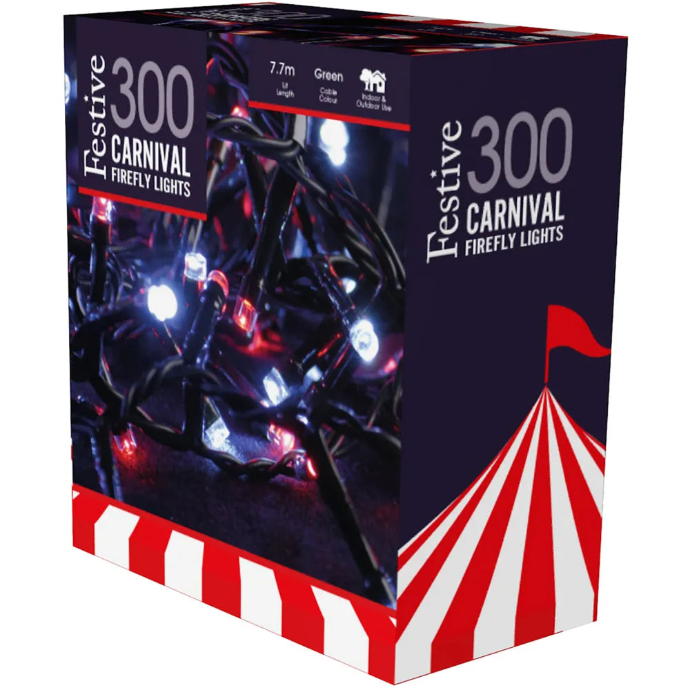 Festive 300 Carnival Firefly Lights packaging box displaying green 7.7m string lights with red and white LED bulbs in white and red striped carnival tent design