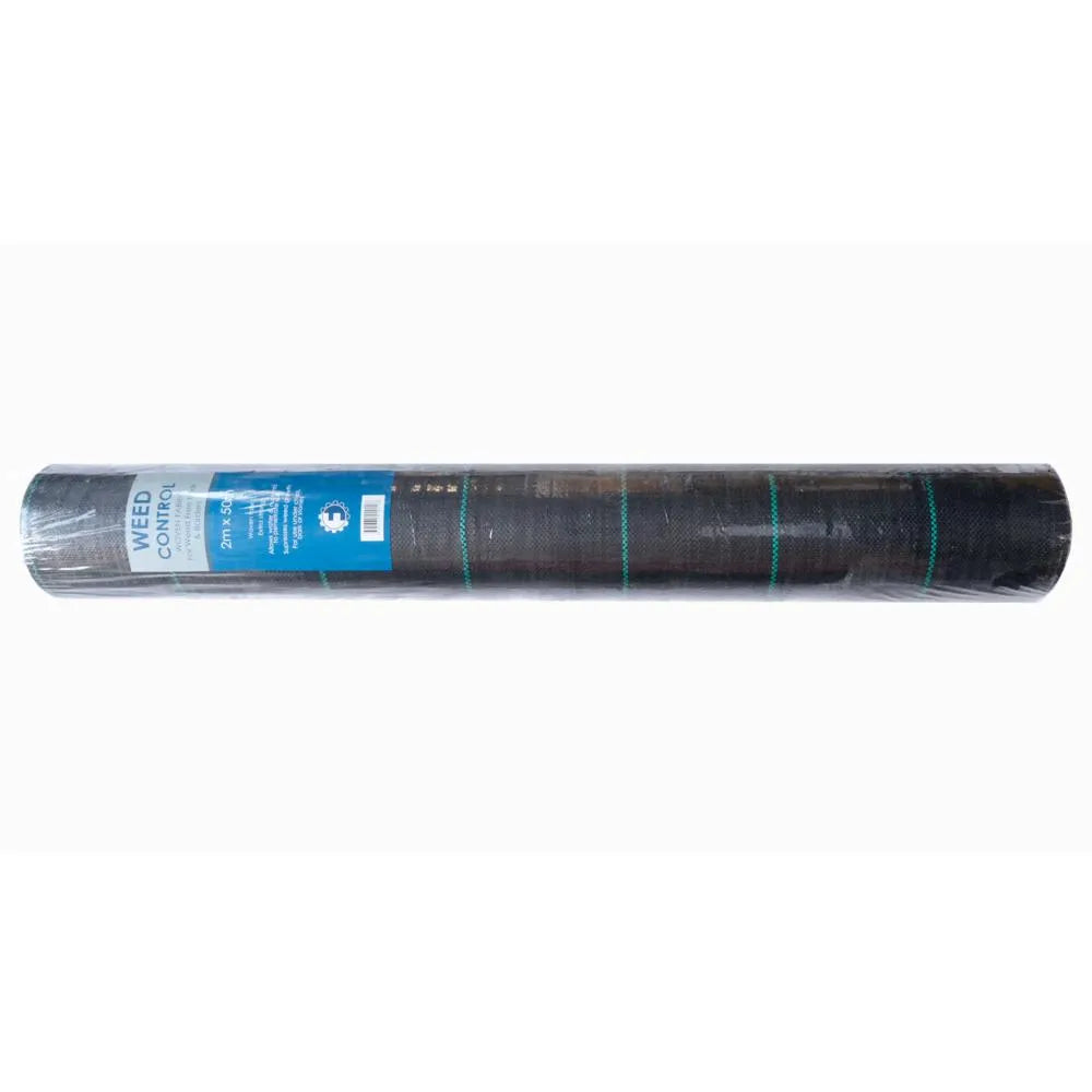 Rolled black weed control fabric with blue label and green marker lines, 2 metre by 50 metre weedblock displayed horizontally on white background