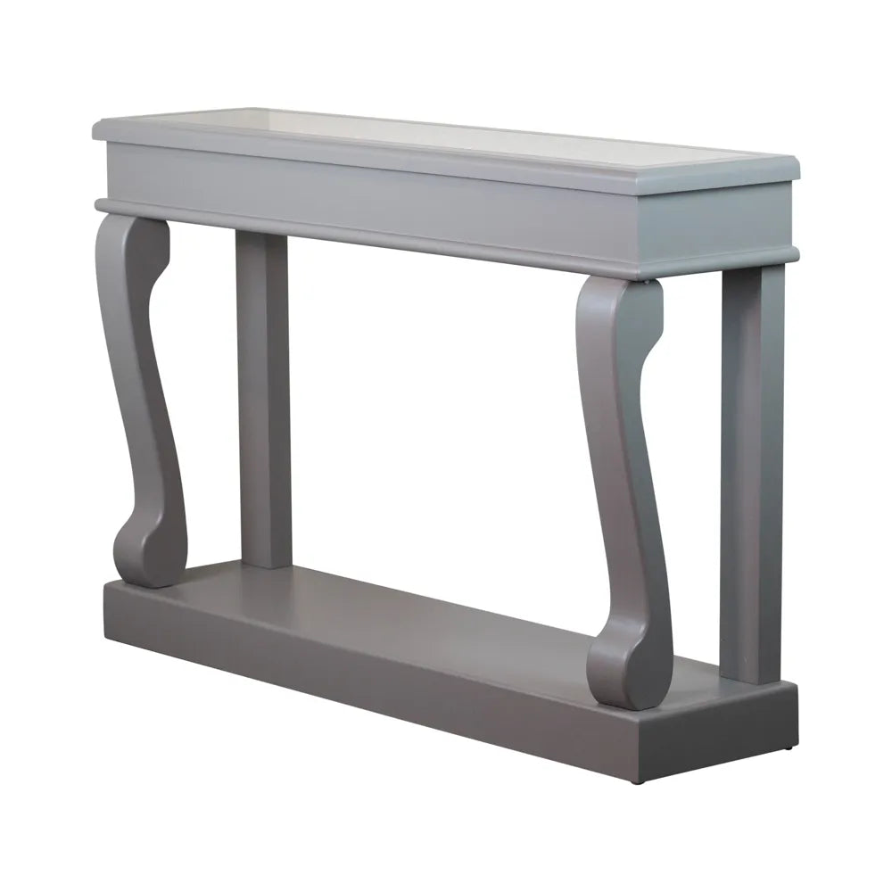 Tara Lane Scroll Console Table 120cm with antique mirror top in mink grey finish featuring curved scroll legs and lower shelf