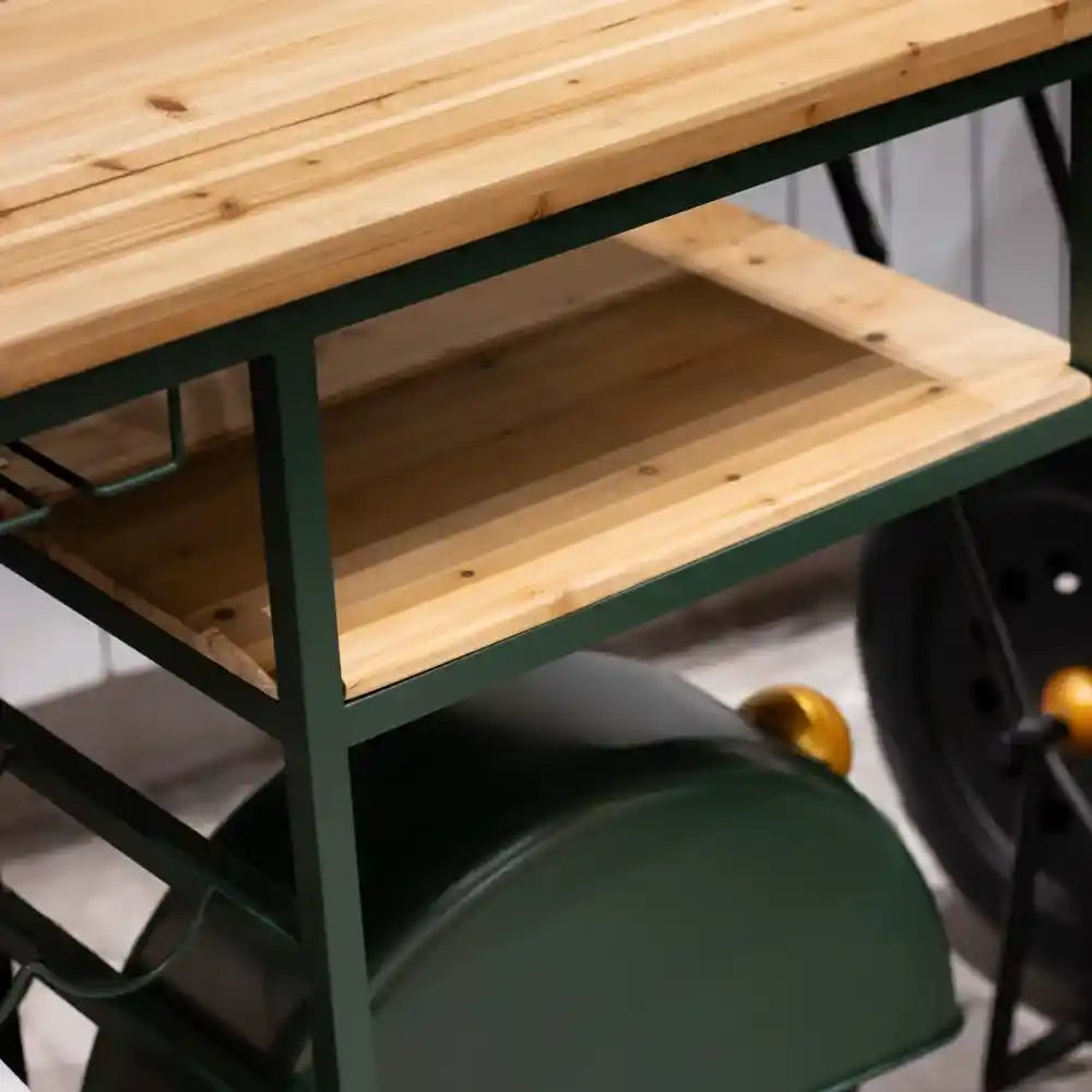 Tara Lane Vespa Scooter Wine Rack Bar in green with natural wood top shelf and open storage compartment, featuring metal frame and green seat detail
