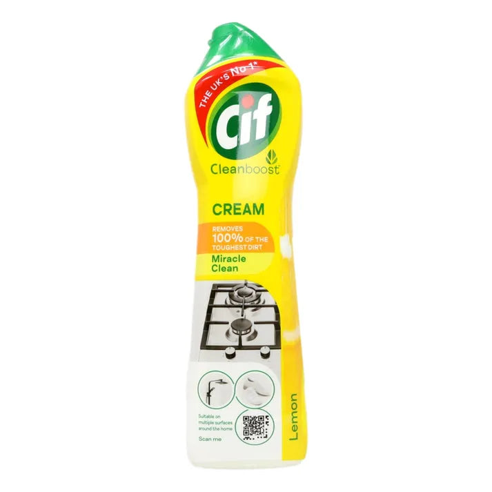 Cif Cleanboost Cream Cleaner 500ml bottle with yellow and white label featuring green top, lemon scent, shown against white background with product details and stovetop cleaning demonstration
