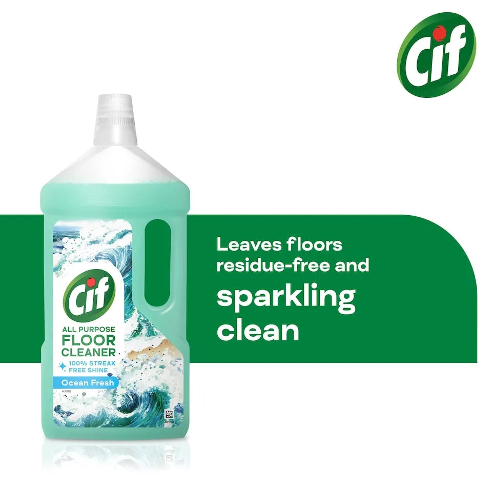 Cif All Purpose Floor Cleaner Ocean Fresh 950ml bottle with turquoise liquid and white cap, featuring ocean wave imagery on label, displayed against white background with green branding banner stating leaves floors residue-free and sparkling clean, Cif logo in top right corner