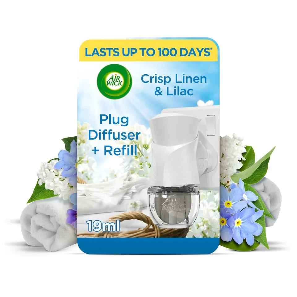 Air Wick Crisp Linen and Lilac plug-in diffuser kit with 19ml refill bottle, white diffuser device, decorative flowers and linens, lasts up to 100 days