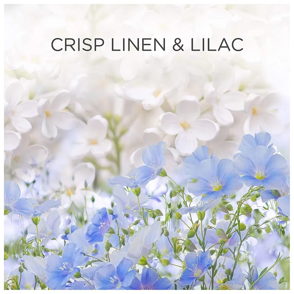 Air Wick Liquid Plug In air freshener kit in Crisp Linen and Lilac scent, featuring delicate white lilac flowers and blue flax flowers on soft blurred background