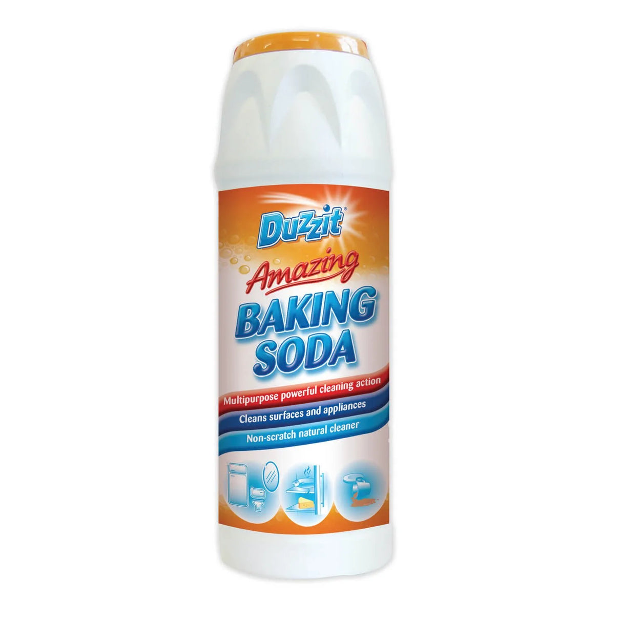 Duzzit Amazing Baking Soda 500g cleaning powder in white and orange plastic shaker bottle with blue and red label text highlighting multipurpose cleaning action and non-scratch natural cleaner benefits