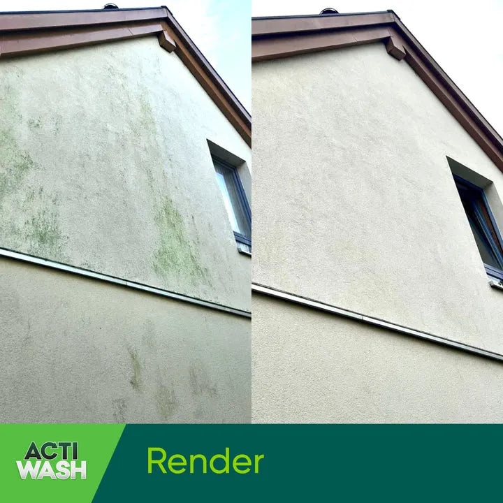 Before and after comparison of rendered wall surface cleaning with Actiwash biocide showing removal of green algae mould and fungi from beige render on residential building