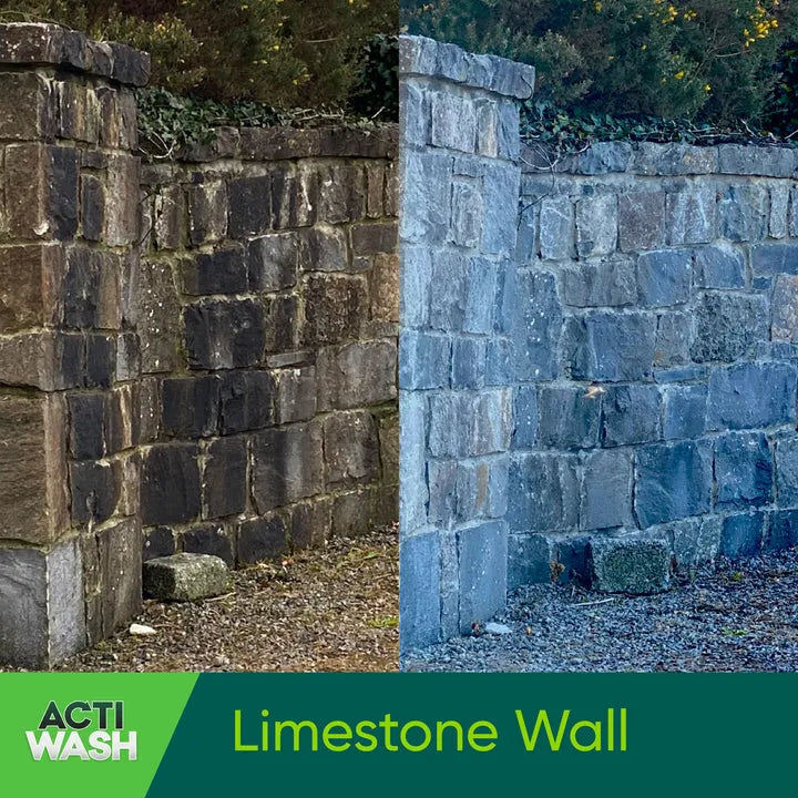 Before and after comparison of limestone wall cleaning showing dark moss-covered stone on left transforming to clean light grey limestone blocks on right, demonstrating Actiwash Pro Biocide effectiveness against algae and mould