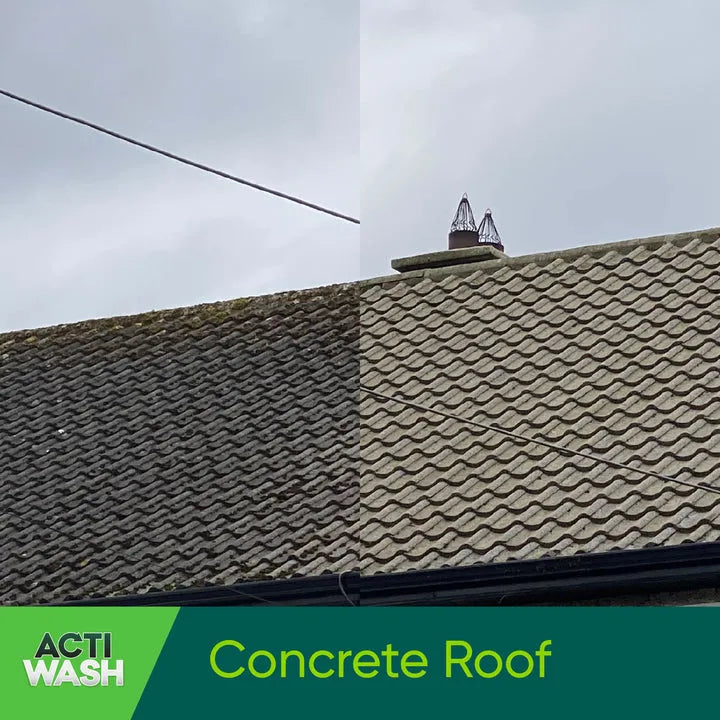 Concrete roof tiles with green algae and moss growth showing two sections of weathered gray-green tiled roofing under cloudy sky with Actiwash branding and product name displayed