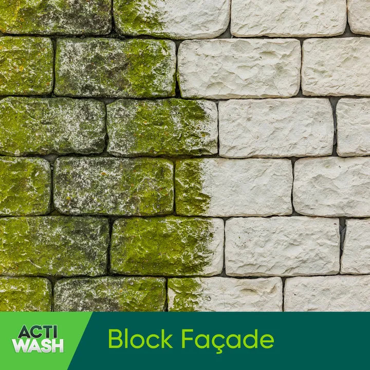 Stone block facade showing left side covered in green moss and algae with right side clean white blocks, demonstrating before and after effect of Actiwash Pro Biocide cleaning product