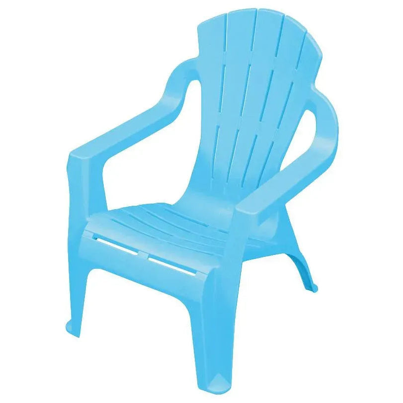 Bright blue plastic children's Adirondack-style mini chair with curved backrest, armrests and seat slats, 44.5cm height, suitable for kids outdoor and indoor use