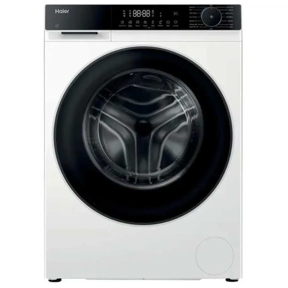 Haier X Series 5 white front-load washing machine with 9kg capacity, 1400 spin speed, black control panel and drum door, model HW90-BP14357TUUK