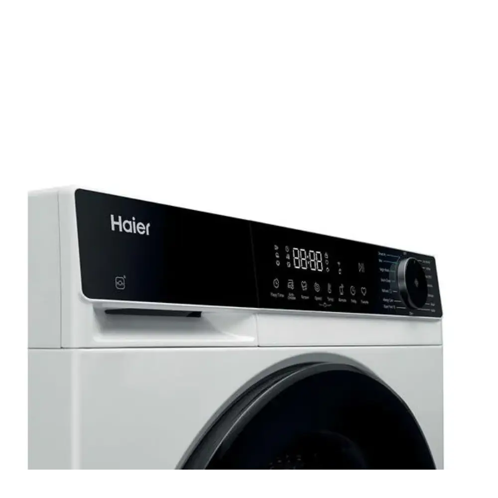 Haier X Series 5 white front-load washing machine with 9kg capacity, 1400 spin speed, featuring a black digital display panel with touch controls and a large circular black door