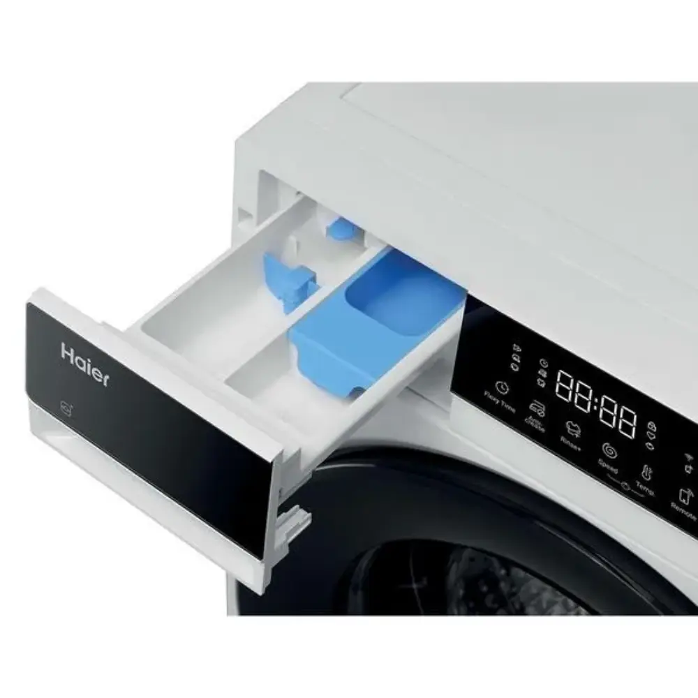 Haier X Series white washing machine with open detergent dispenser drawer showing blue compartments and digital display showing 88:00 time
