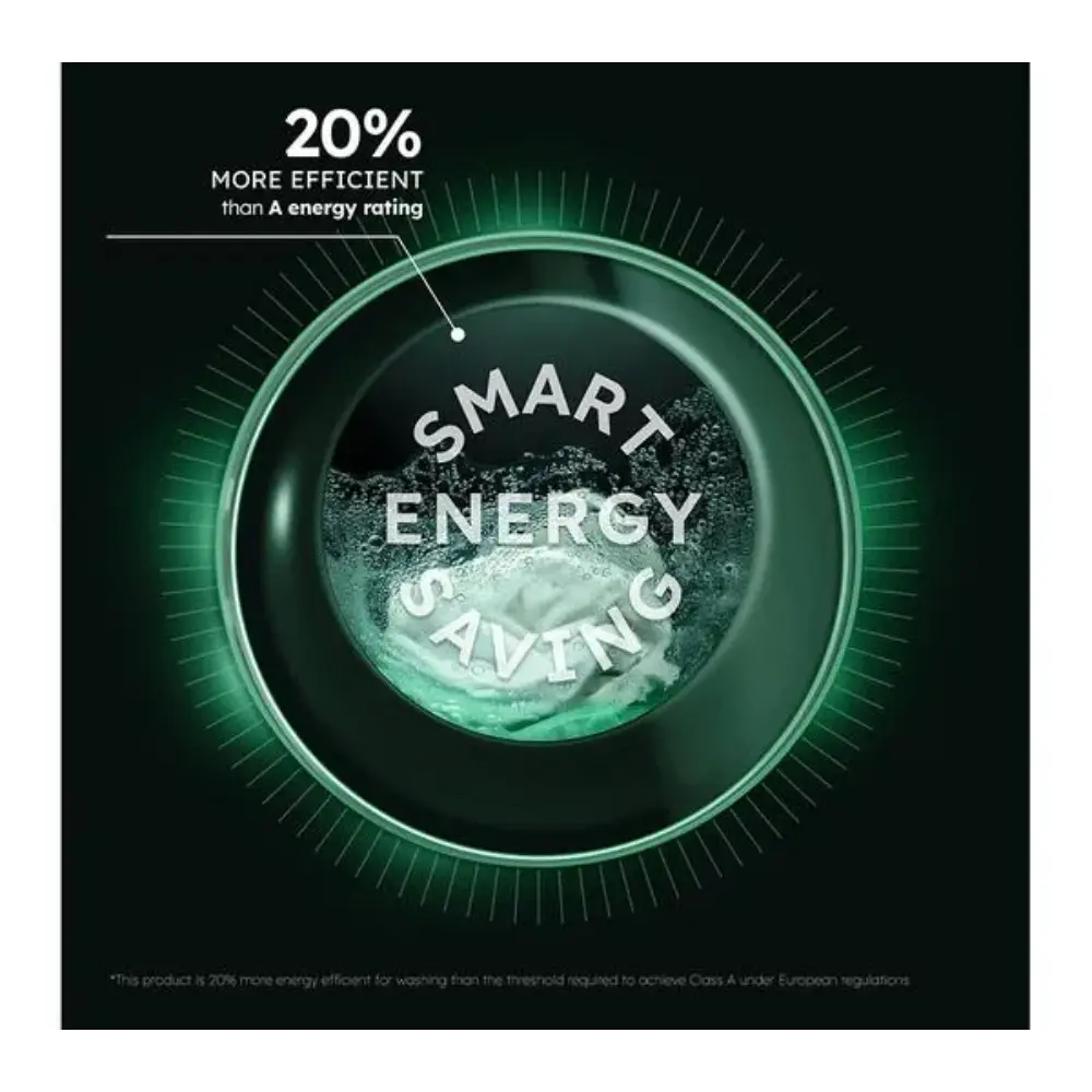 Haier X Series washing machine promotional image featuring a green-lit circular drum design highlighting smart energy-saving technology with 20% more efficiency than A-rated appliances against a dark background