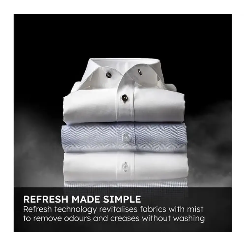 Stack of folded white and light blue dress shirts with refresh technology feature demonstration showing mist spray revitalization for fabric care without washing