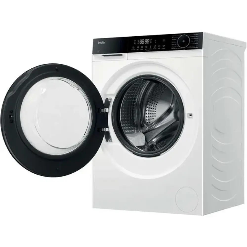 Haier X Series 5 white washing machine with black door open showing dark grey drum interior, digital display and controls on black panel, 9kg 1400 spin capacity
