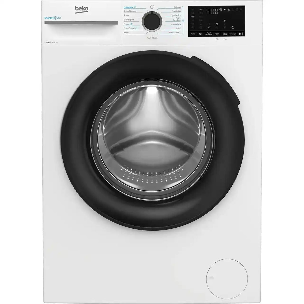 Beko 12kg 1400 spin washing machine in white with black trim, featuring a large circular black rubber door seal, digital display panel with control knob and buttons, and Energy Spin technology label on upper left