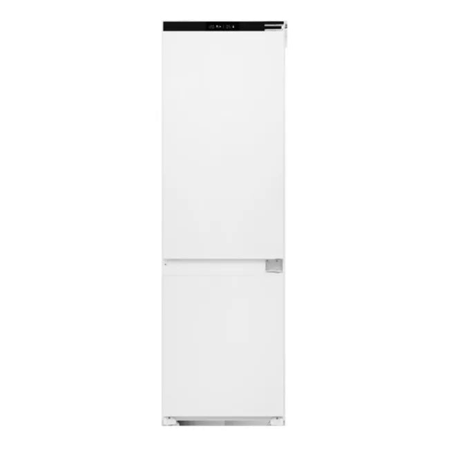 White integrated built-in no frost fridge freezer with black digital control panel at top, 70/30 split design with upper fridge and lower freezer compartments, seamless flush-fit kitchen appliance by Belling