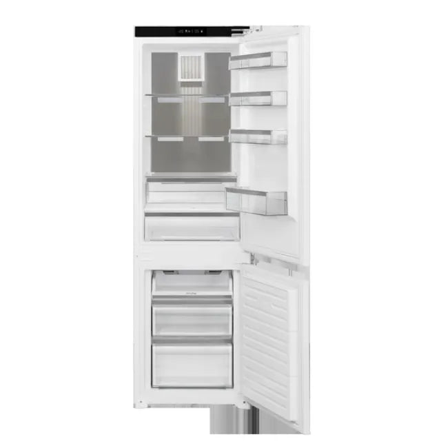 Belling integrated built-in 70/30 no frost fridge freezer with white finish, open door showing grey shelving in refrigerator section and clear drawers in freezer compartment below