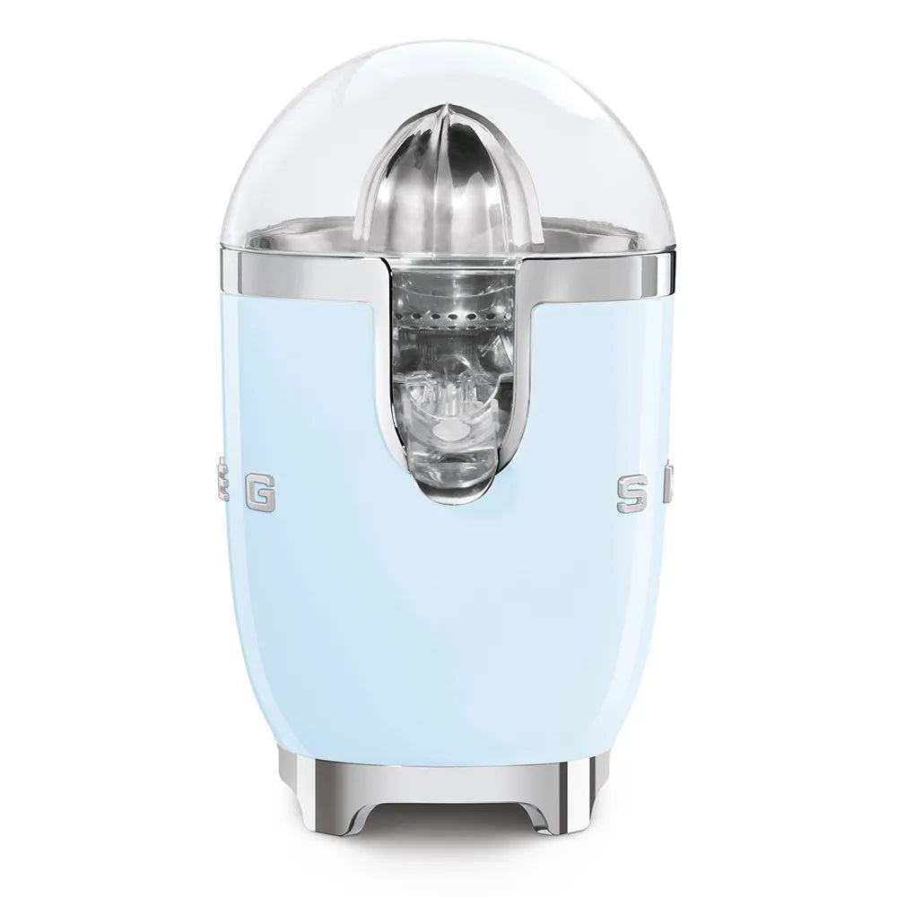 Smeg 50's retro style electric citrus juicer in pastel blue with chrome dome top and stainless steel accents featuring central cone reamer and transparent juice collection chamber