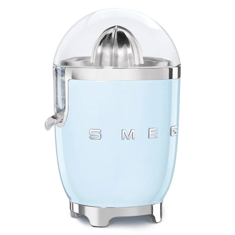 Smeg 50's retro style pastel blue electric citrus juicer with chrome dome top and stainless steel accents