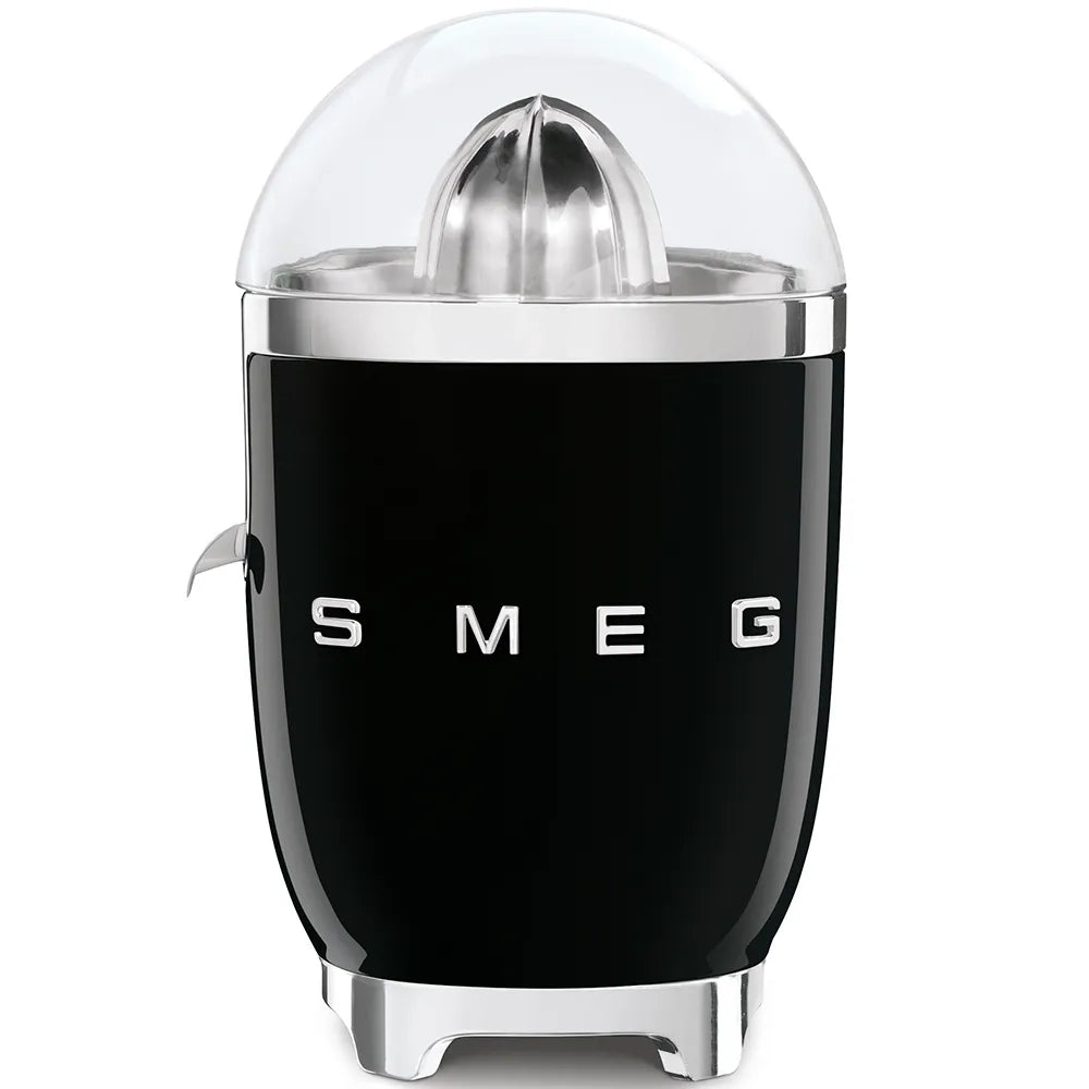 Smeg 50's retro style black electric citrus juicer with chrome details and clear dome lid, featuring stainless steel cone reamer and white SMEG branding
