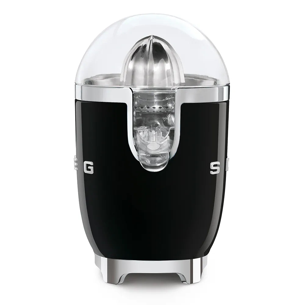 Smeg 50's retro style black electric citrus juicer with chrome dome top and stainless steel accents featuring central cone reamer and clear juice collection chamber