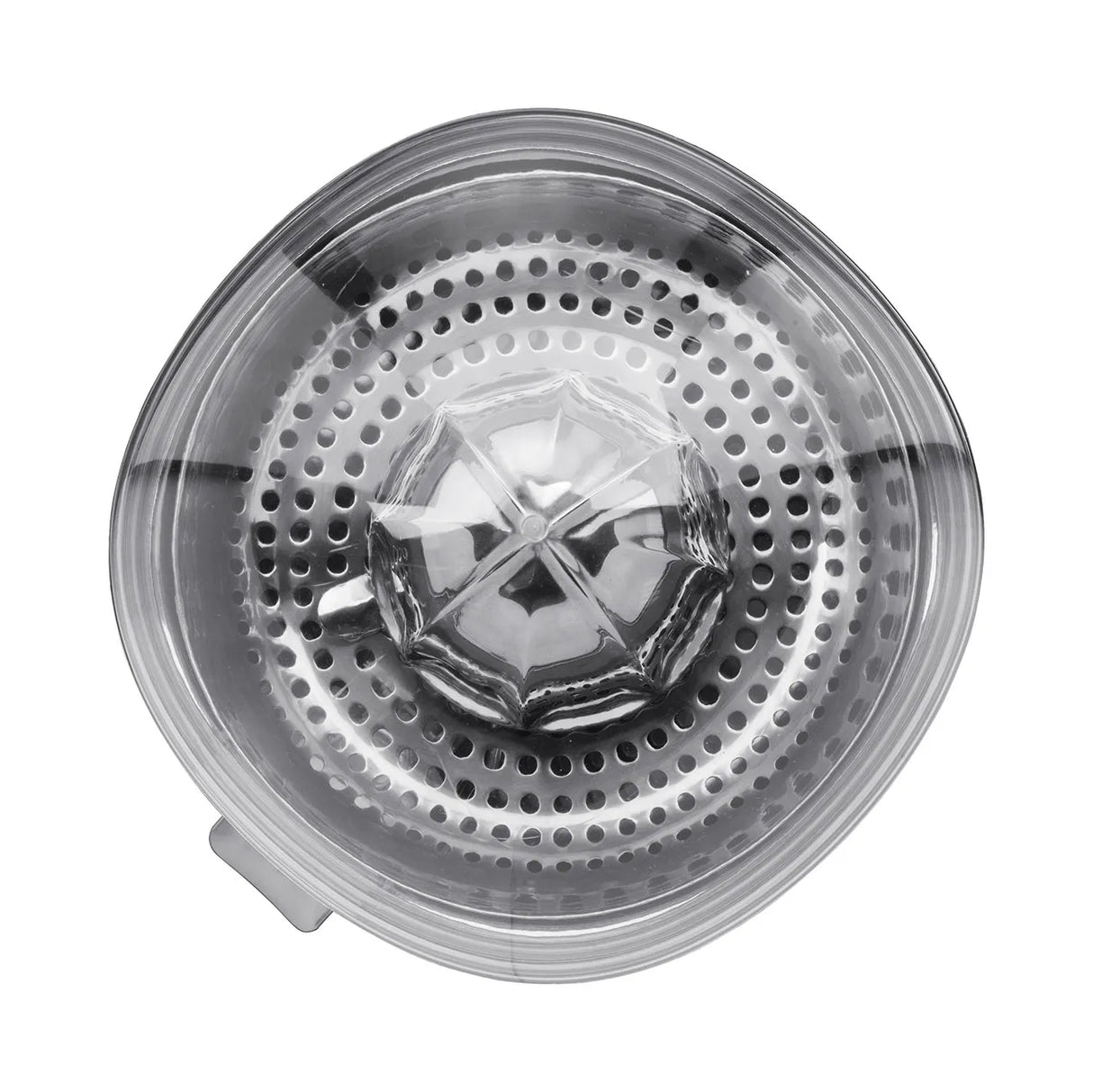Smeg 50's Retro Style Electric Citrus Juicer in black showing clear plastic bowl with perforated cone and central reamer viewed from above