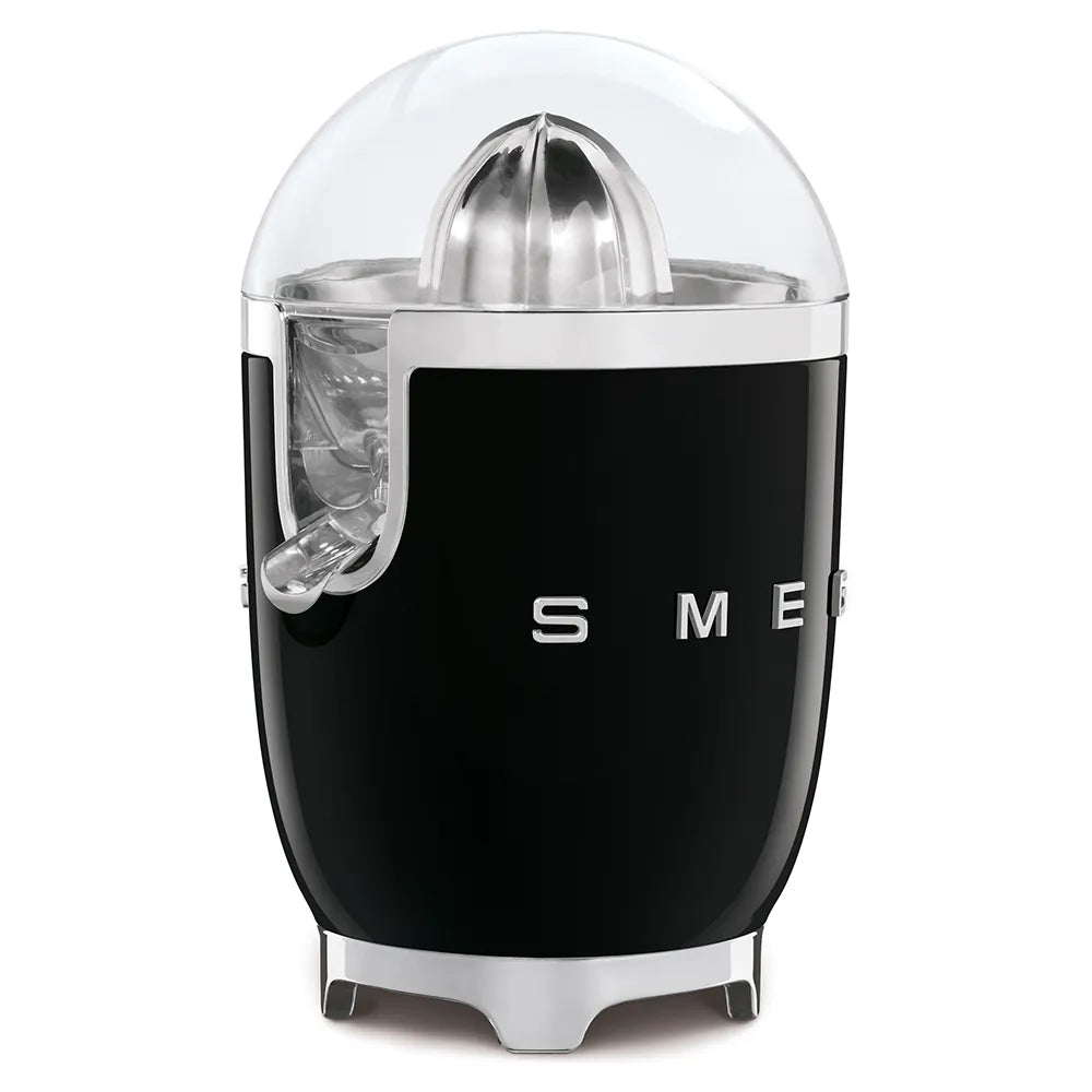 Smeg 50's retro style electric citrus juicer in black with stainless steel dome top and chrome accents, featuring a clear juice jug spout and white band detail