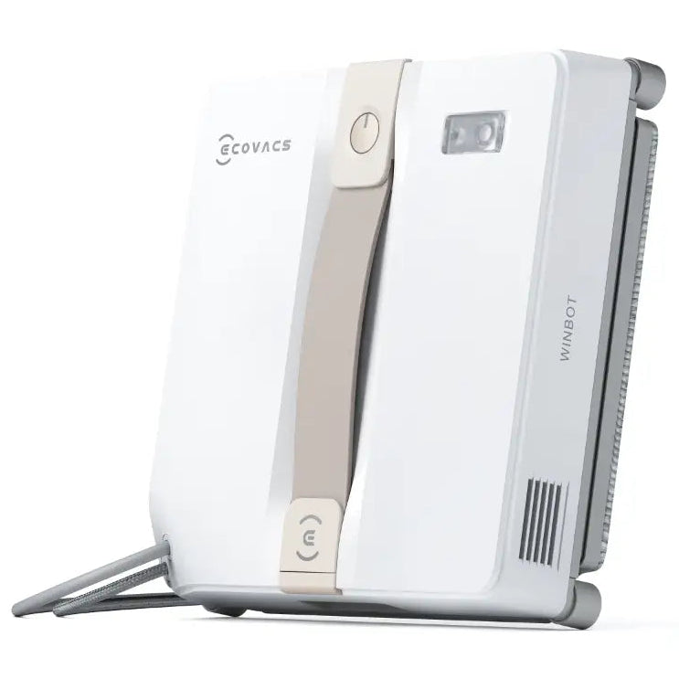 Ecovacs Winbot Mini beige and white robotic window vacuum cleaner with digital display and control panel, shown from angled side view