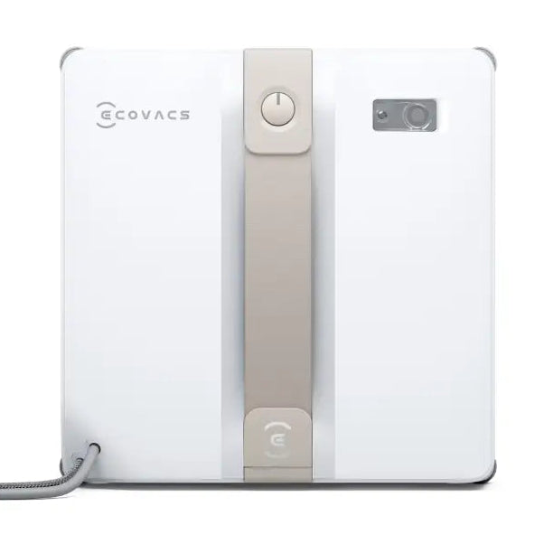 Ecovacs Winbot Mini beige and white robotic window vacuum cleaner shown from front view with control dial and branding visible