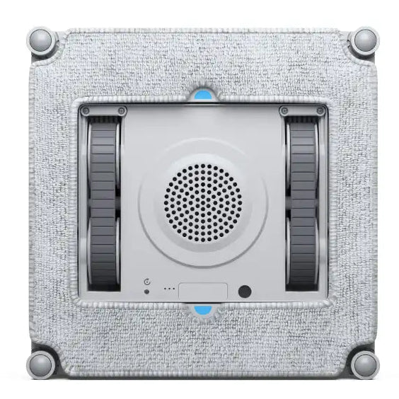 Ecovacs Winbot Mini robot window vacuum cleaner with beige fabric frame, white central unit featuring circular speaker grille, dark side panels, and blue accent dots, mounted on textured light gray background with silver corner fasteners