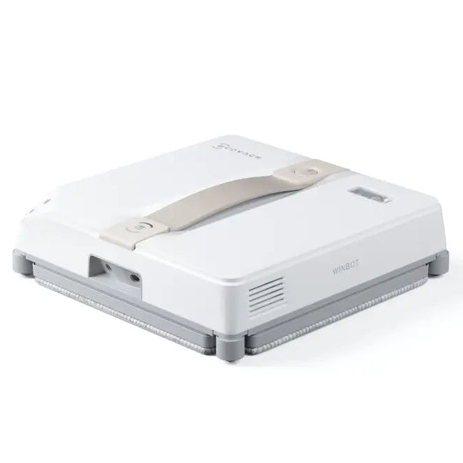 Ecovacs Winbot Mini white and beige robotic window vacuum cleaner with gray base and handle viewed from above angle
