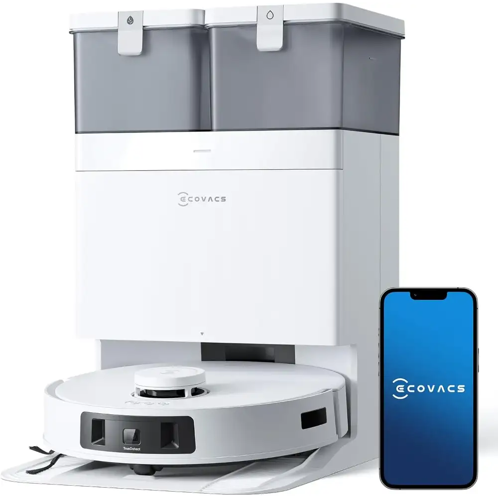 Ecovacs Deebot T30C Pro white robot vacuum with dual water tanks and smartphone app control displayed on blue screen