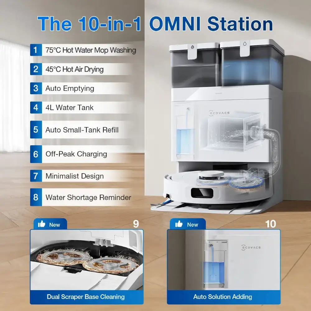 The 10-in-1 OMNI Station by Ecovacs featuring hot water mop washing, hot air drying, auto emptying, water tank refill, off-peak charging, minimalist white design with black accents, dual scraper base cleaning and auto solution adding capabilities displayed in a modern home setting